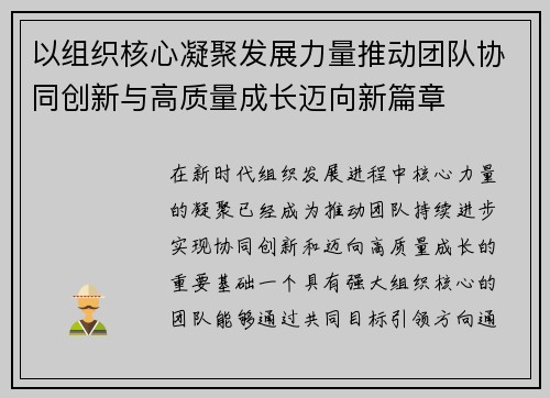 以组织核心凝聚发展力量推动团队协同创新与高质量成长迈向新篇章